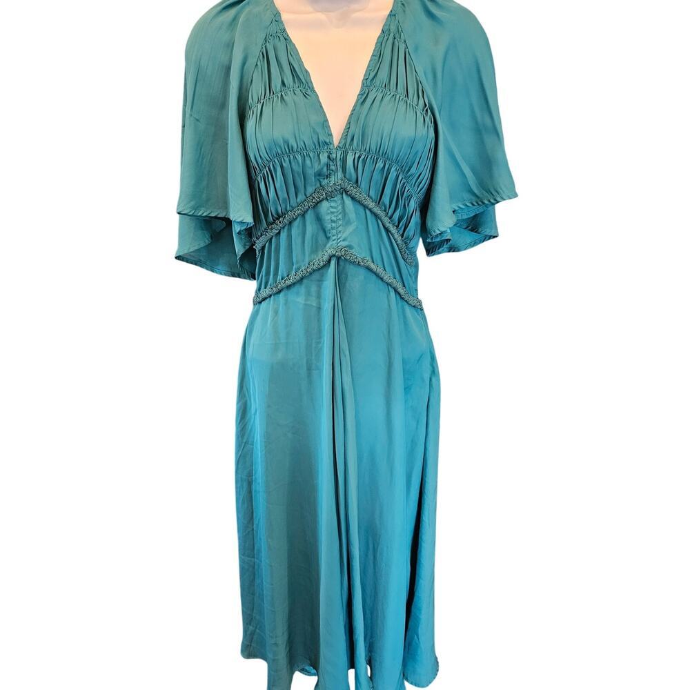 Chelsea28 teal satin maxi long dress Coquette whimsical sd zip v neck XS formal